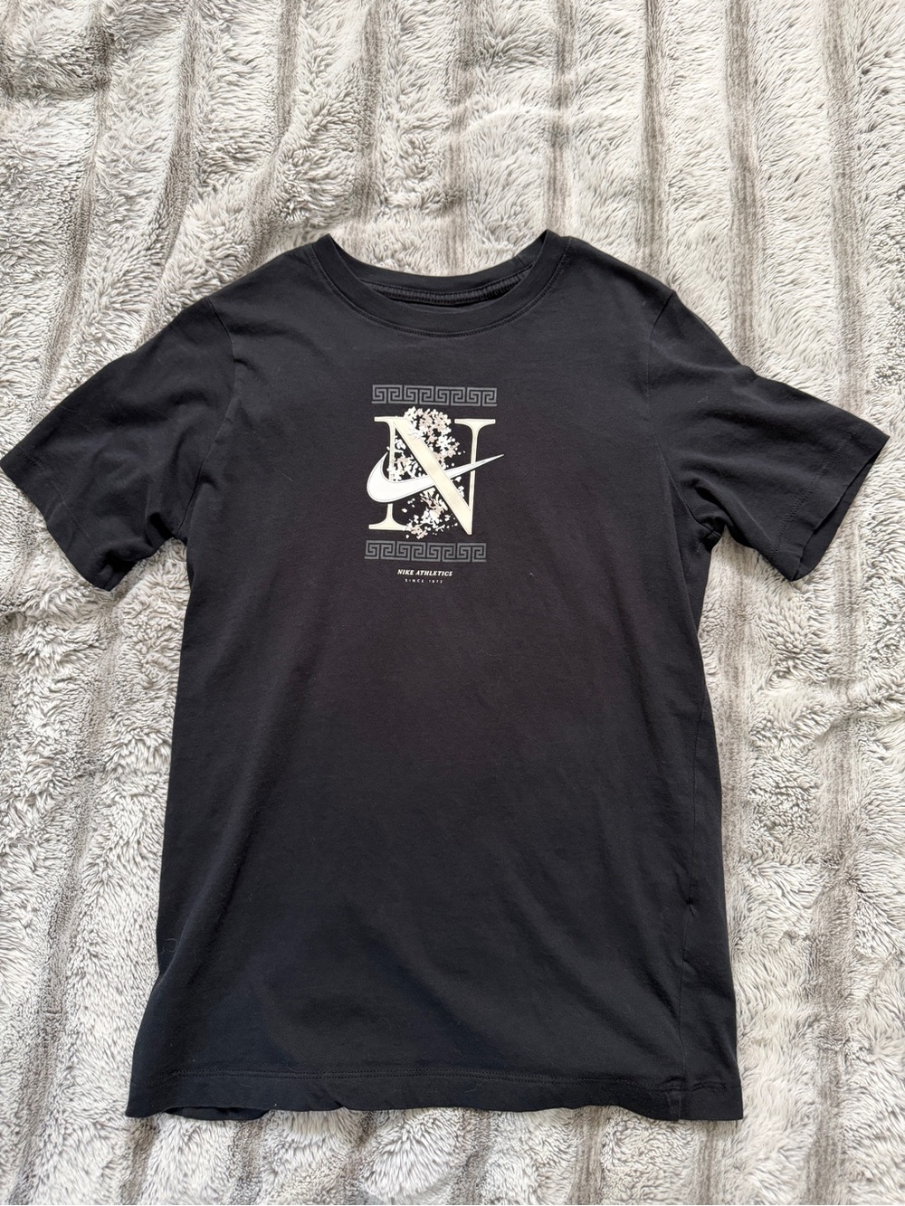 Nike Black Tee with White Swoosh and Letter Graphic
